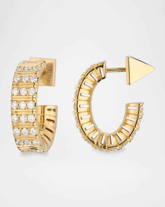 18K Yellow Gold Small Hoop Earrings with Alternating Diamonds